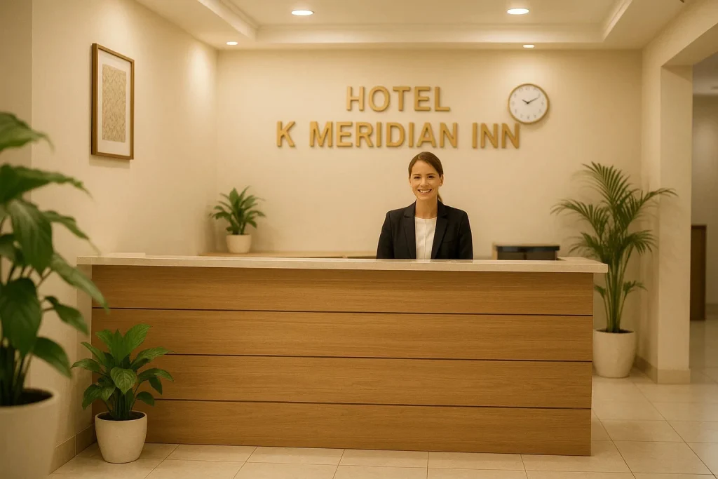 Street-level daytime view of the hotel’s modern facade and welcoming entrance near KDA New Market - Hotel K Meridian Inn Khulna
